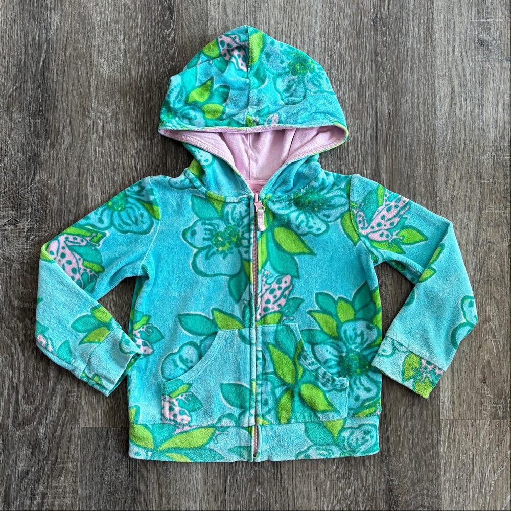 Lilly Pulitzer Toddler Girls Floral Velour Zip Hoodie in Blue Green - Size: 4